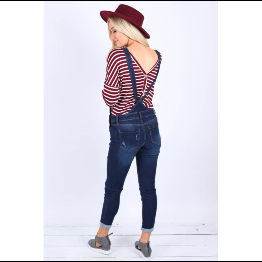 DARK DENIM WASH DISTRESSED OVERALLS - Picture 4 of 4